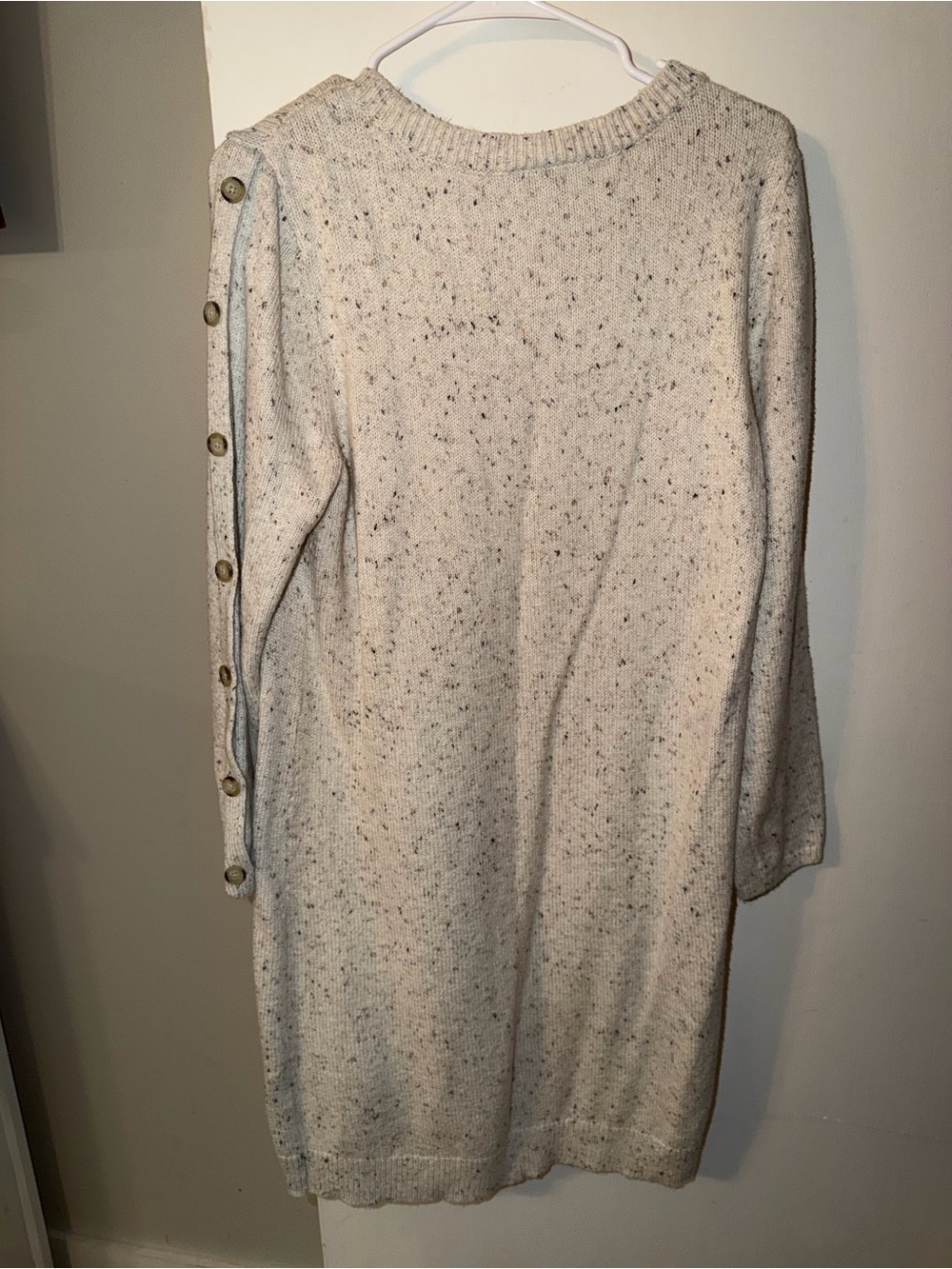 LOFT Oatmeal Speckled Button-Sleeve Knit Dress